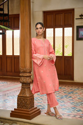 DC-2193 PEACH 2PCS EMBROIDERED KURTA WITH TROUSER
