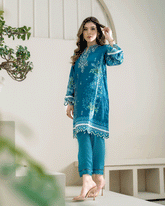 DC-2273 TURQUOISE BLUE 2PCS HAND EMBELLISHED SHIRT WITH TROUSER