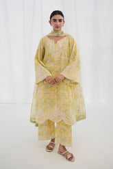 Yellow printed dupatta by Dhanak