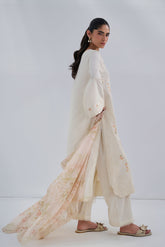 Off-white cotton jacquard embroidered kurta with trouser by Dhanak