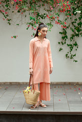 SS25DC-2573 Peach 2-piece ensemble featuring an embroidered kurta with delicate floral threadwork on the neckline and sleeves, paired with solid trousers.