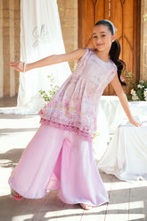 Kids lilac 2-piece satin silk ensemble with flared shirt.