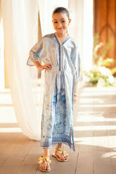 Kids sky blue shamoz silk kaftan with light embellishments.