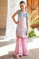 Kids sky blue satin silk set with graceful embroidery.