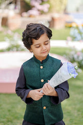 SS26DK-0227 - BOTTLE GREEN - KURTA ,PAJAMA & WAIST COAT - 3PCS