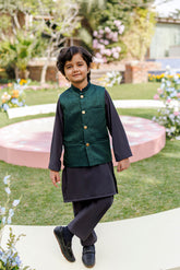 SS26DK-0227 - BOTTLE GREEN - KURTA ,PAJAMA & WAIST COAT - 3PCS