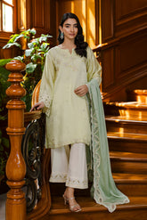 Pastel yellow 3-piece silk suit with delicate embroidery and wide-leg trousers.