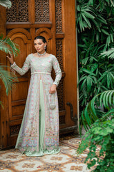 Pastel green 2-piece luxury silk front-open kurta with embroidered waist belt.