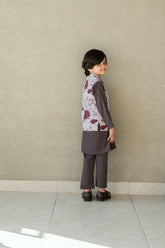 Boys dark grey kurta pajama with floral waistcoat.