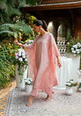 Pink 2-piece sheesha silk outfit featuring a contemporary butterfly cut and elegant embroidery.