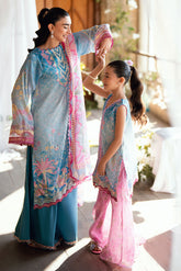 SS26DA-2898 Blue 2-piece satin silk ensemble featuring delicate embroidery over a soft print and flared pants with lace hem.