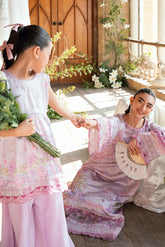 Kids lilac 2-piece satin silk ensemble with flared shirt.