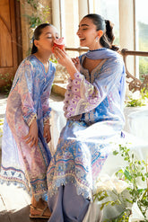 SS26DA-2897 Purple 2-piece crepe silk outfit with a subtle print, delicate hand embellishments, and solid flared pants.