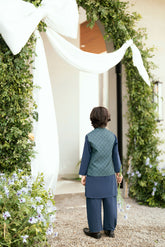 Boys navy blue kurta pajama with detailed waistcoat.