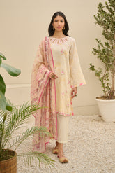 DU-3145 - CREAM-YELLOW - EMBROIDERED LAWN - 3PCS