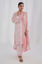 Floral pink cotton jacquard embroidered kurta with trouser by Dhanak