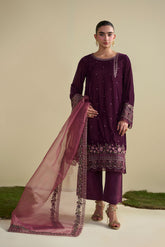 FW25DA-2805 Soft plum velvet shirt with delicate embroidery and subtle embellishments on the hem and sleeves.