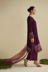 FW25DA-2805 Soft plum velvet shirt with delicate embroidery and subtle embellishments on the hem and sleeves.