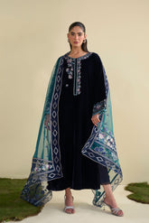 FW25DA-2812 Navy blue velvet kurta with intricate floral embroidery on the neckline and front placket.