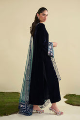 FW25DA-2812 Navy blue velvet kurta with intricate floral embroidery on the neckline and front placket.