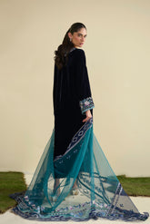 FW25DA-2812 Navy blue velvet kurta with intricate floral embroidery on the neckline and front placket.