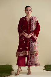 FW25DA-2828 Deep red velvet two-piece ensemble featuring delicate embroidered motifs across the front and straight silhouette