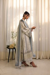 Refreshing sky blue 3-piece luxury ensemble with fine machine embroidery and adda work.