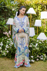 FW25DA-2869 Multi-colored hand-embellished silk kaftan featuring delicate floral patterns in hues of blue, green, and blush pink with a graceful, relaxed silhouette.