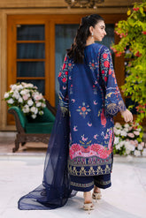 Deep navy blue 2-piece silk ensemble with crimson and gold embroidery on the neckline and sleeves.