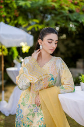 Silk Tunic - 2PCS HAND EMBELLISHED SHIRT WITH TROUSER-FW25DA-2867 YELLOW