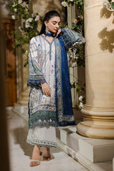 Pure silk grey 2-piece ensemble with sage and blue floral motifs and refined thread embroidery.