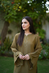FW25DC-2876 OLIVE GREEN 2PCS EMBROIDERED KURTA WITH TROUSER