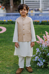 SS26DK-0222 - BEIGE - KURTA ,PAJAMA & WAIST COAT - 3PCS