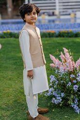 SS26DK-0222 - BEIGE - KURTA ,PAJAMA & WAIST COAT - 3PCS