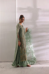 Sophisticated light green open coat style ensemble with crushed inner and organza dupatta.