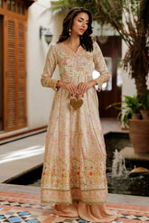 SS26DA-2932 PEACH -SILK TUNIC- 2PCS HAND EMBELLISHED PISHWAS WITH TROUSER