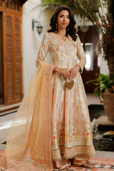 SS26DA-2932 PEACH -SILK TUNIC- 2PCS HAND EMBELLISHED PISHWAS WITH TROUSER