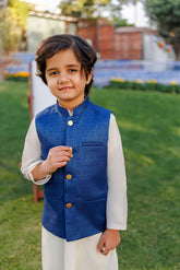 SS26DK-0225 - BLUE - KURTA ,PAJAMA & WAIST COAT - 3PCS
