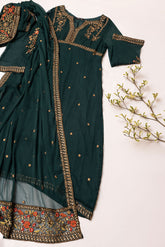 DA-2047 BOTTLE GREEN EMBROIDERED KURTA WITH DUPATTA