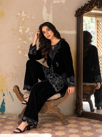 FW26DA-3013 BLACK 2PCS  EMBROIDERED KURTA WITH TROUSER