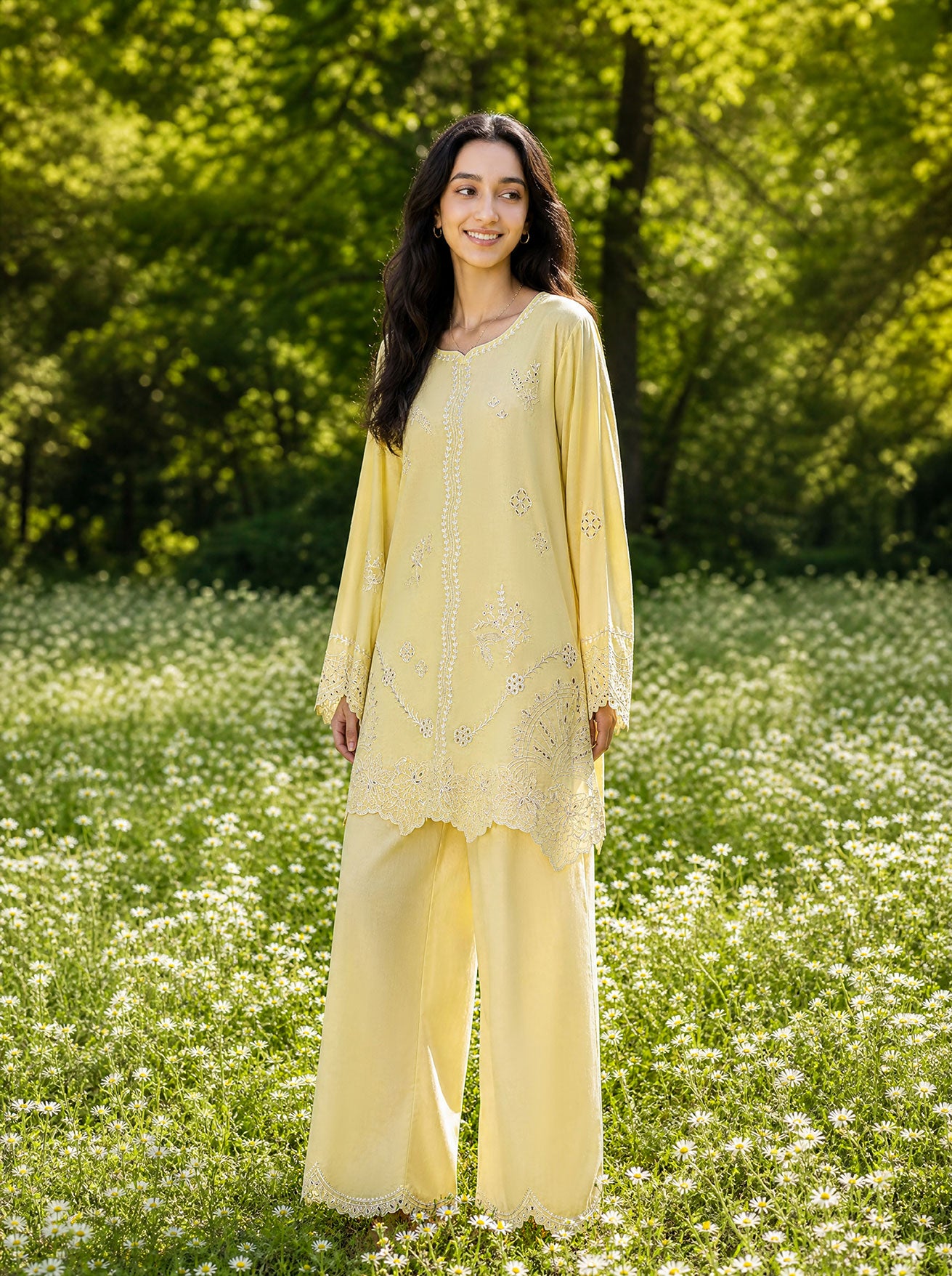SS26DC-2621 YELLOW 2PCS  EMBROIDERED KURTA WITH TROUSER
