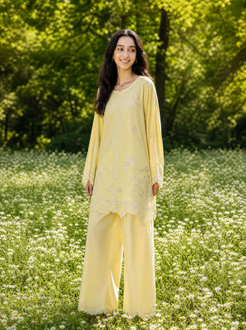 SS26DC-2621 YELLOW 2PCS  EMBROIDERED KURTA WITH TROUSER