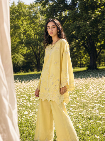 SS26DC-2621 YELLOW 2PCS  EMBROIDERED KURTA WITH TROUSER