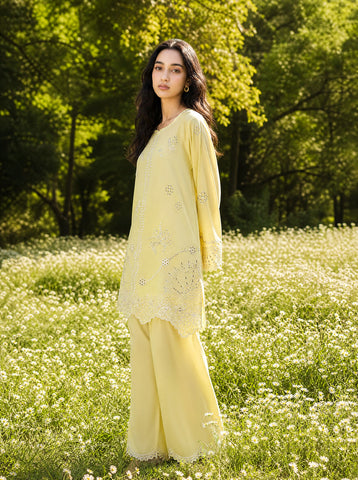 SS26DC-2621 YELLOW 2PCS  EMBROIDERED KURTA WITH TROUSER