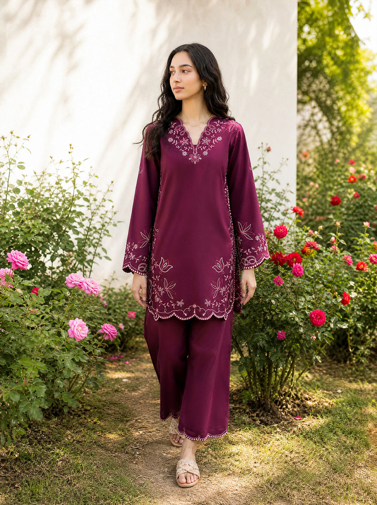 SS26DC-2628 PLUM 2PCS  EMBROIDERED KURTA WITH TROUSER