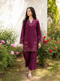 SS26DC-2628 PLUM 2PCS  EMBROIDERED KURTA WITH TROUSER