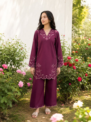 SS26DC-2628 PLUM 2PCS  EMBROIDERED KURTA WITH TROUSER
