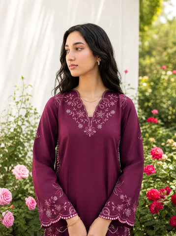 SS26DC-2628 PLUM 2PCS  EMBROIDERED KURTA WITH TROUSER