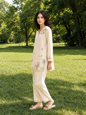 SS26DC-2622 CREAM 2PCS  EMBROIDERED KURTA WITH TROUSER