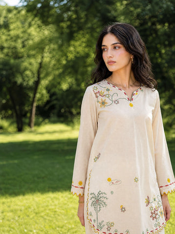 SS26DC-2622 CREAM 2PCS  EMBROIDERED KURTA WITH TROUSER